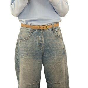 Vintage Pigskin Leather Belt Gold Buckle Bonded Lining Golden Brown Women’s M/L